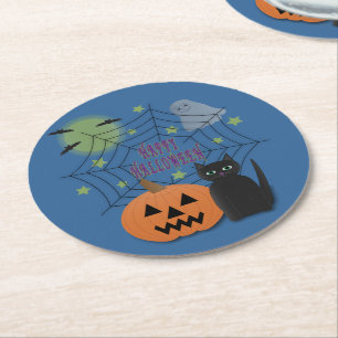 Porta-copo De Papel Redondo Gato Preto e Abóbora Não Assustam Halloween