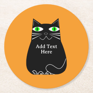 Porta-copo De Papel Redondo Gato Preto Gordo Com Olhos Verdes Texto Personaliz