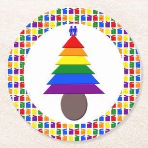 Porta-copo De Papel Redondo Gay Men Rainbow Christmas Tree and Presents