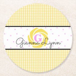Porta-copo De Papel Redondo Gingham Amarelo Monograma