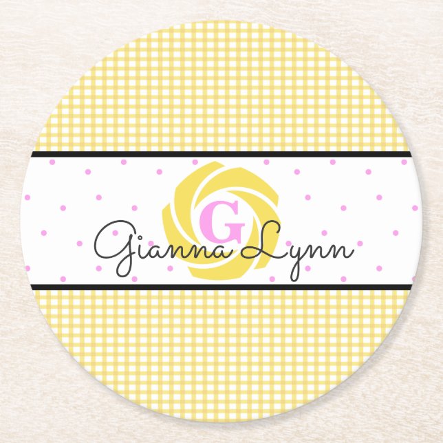 Porta-copo De Papel Redondo Gingham Amarelo Monograma (Frente)