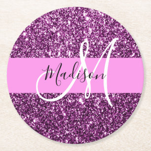 Porta-copo De Papel Redondo Glam Rosa e Glitter Roxo Monograma Nome