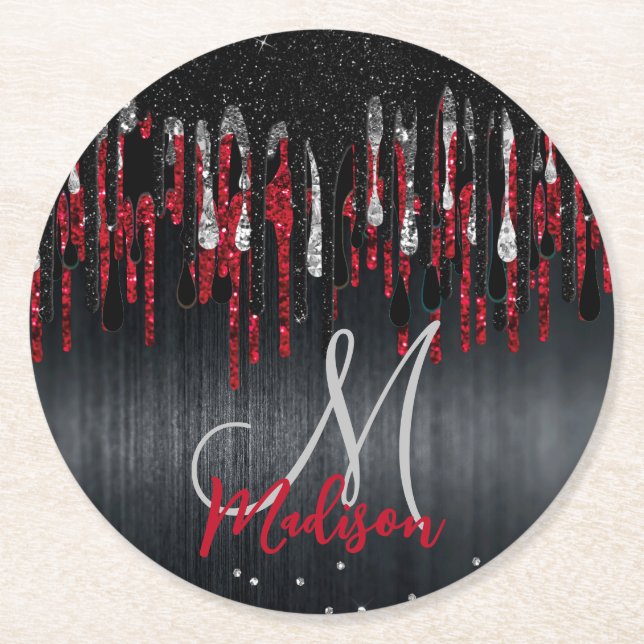 Porta-copo De Papel Redondo Glitter preto-e-vermelho-prateado goteja monograma (Frente)