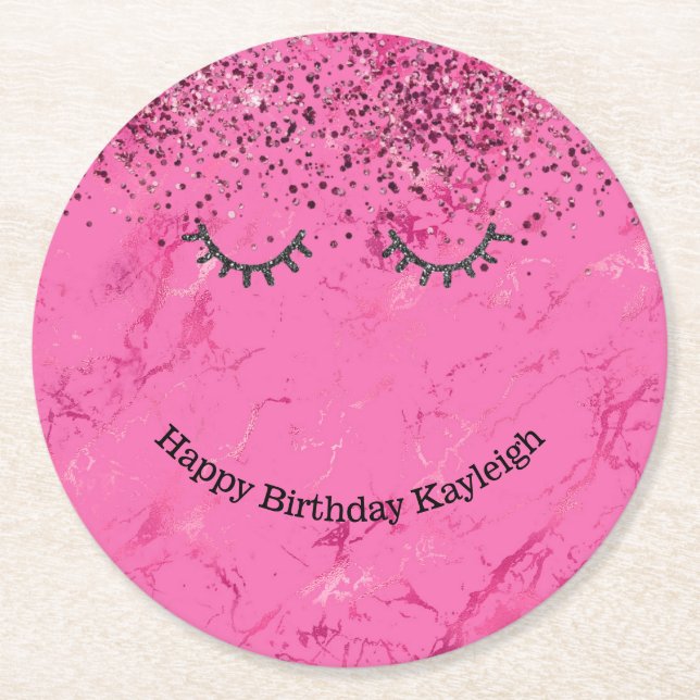 Porta-copo De Papel Redondo Glitzy Black Eyelashes Rosa Glitter Aniversário (Frente)