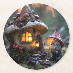 Porta-copo De Papel Redondo Gnome e uma casa de cogumelos, design de fantasia