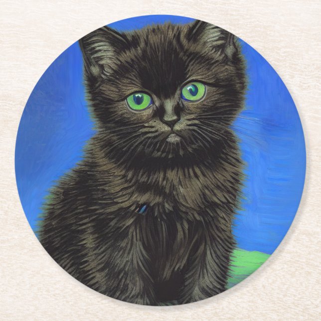 Porta-copo De Papel Redondo Gogh Style Black Kitten (Frente)