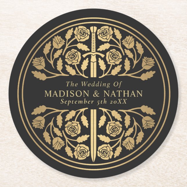 Porta-copo De Papel Redondo Gold Black Royal Medieval Sword Wedding (Frente)