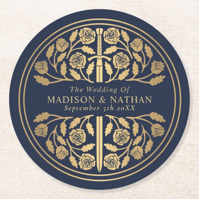 Porta-copo De Papel Redondo Gold Blue Royal Medieval Sword Wedding (Frente)