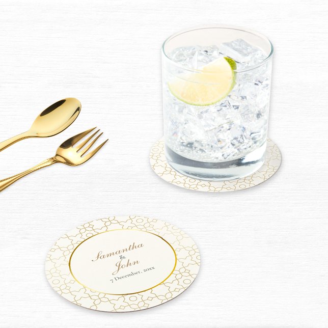 Porta-copo De Papel Redondo Gold Geometric Art Deco Pattern Wedding (Gold & Ivory Geometric Art Deco Wedding Paper Coasters)