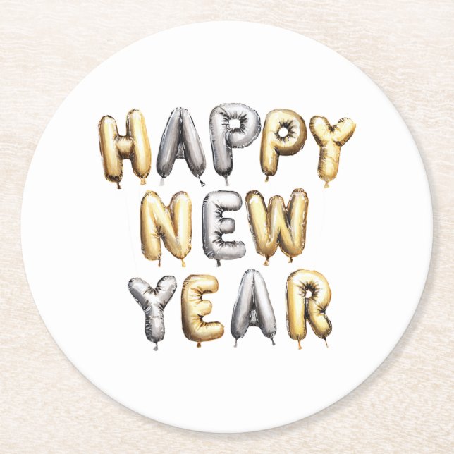 Porta-copo De Papel Redondo Gold Grey Happy New Year (Frente)