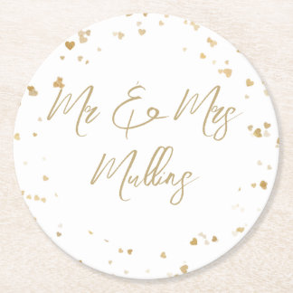 Porta-copo De Papel Redondo Gold Heart Wedding Coaster