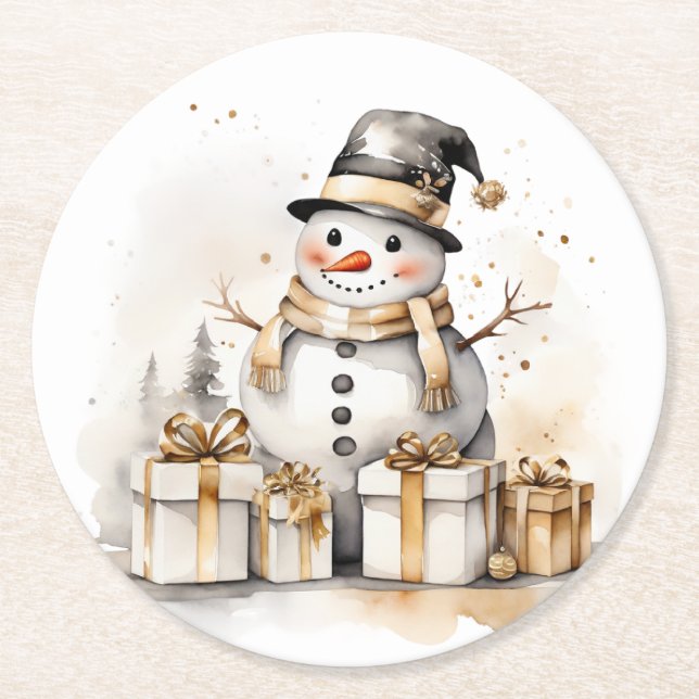 Porta-copo De Papel Redondo Golden Snowman: Add Elegance to Your Holiday Deco (Frente)