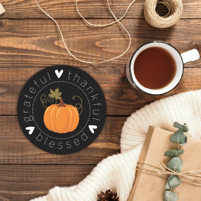 Porta-copo De Papel Redondo Grata, Agradável, Bênção Abençoada Arte Popular Pu (Grateful, Thankful, Blessed Folk Art Pumpkin Round Paper Coaster)