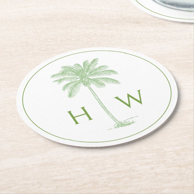 Porta-copo De Papel Redondo Green and White Palm Palmetto Tree Monogram (Angulado)