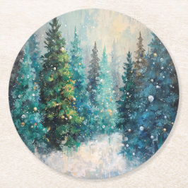 Porta-copo De Papel Redondo Green Christmas Trees Winter Forest