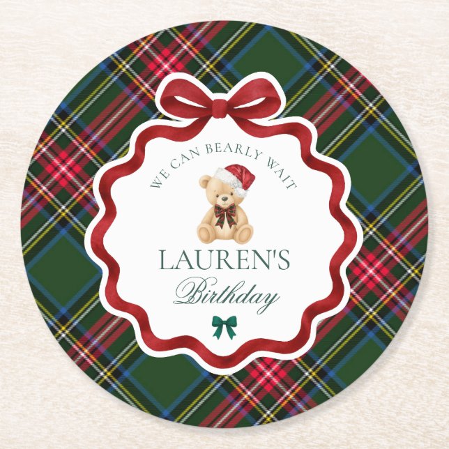 Porta-copo De Papel Redondo Green Tartan Plaid Christmas Bear Birthday Party (Frente)