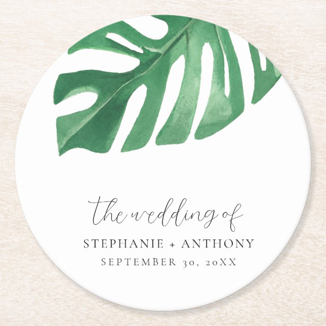 Porta-copo De Papel Redondo Greenery Tropical Monstera Sai do Casamento de Ver (Frente)