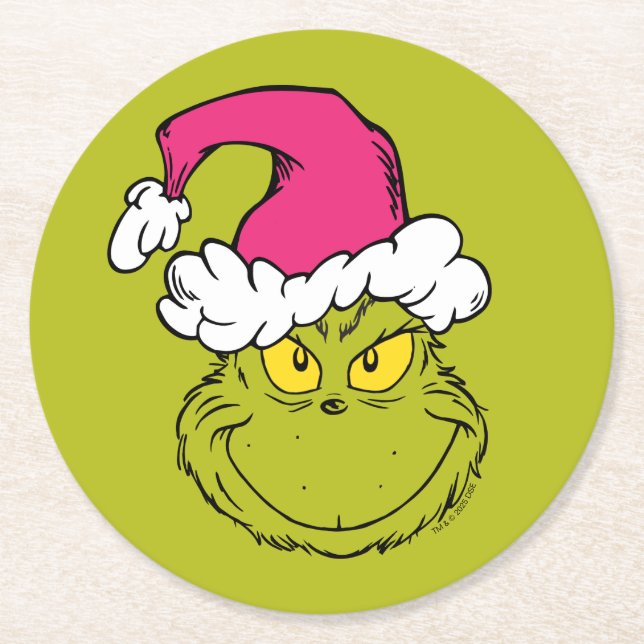 Porta-copo De Papel Redondo Grinch in Pink Santa Hat (Frente)