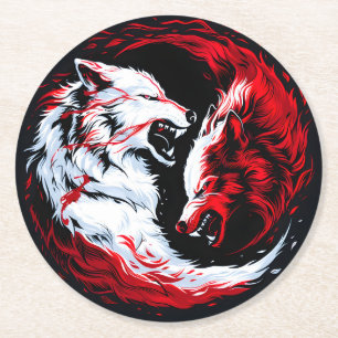 Porta-copo De Papel Redondo Guerreiro Lobo Cósmico Branco Vermelho