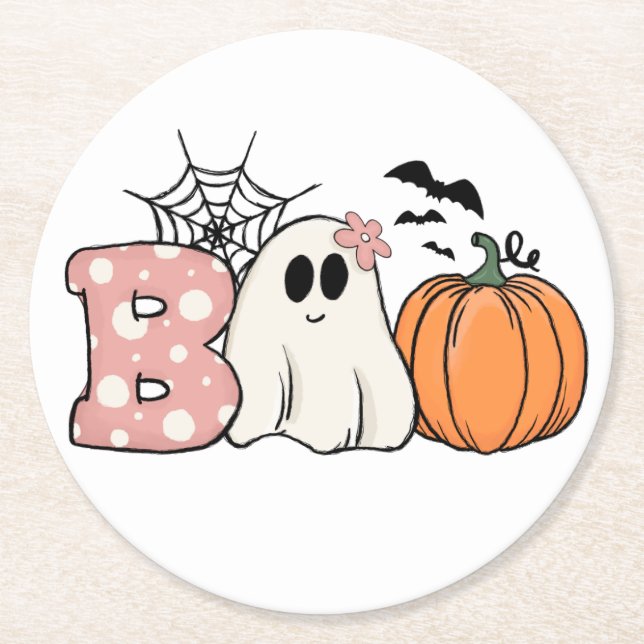 Porta-copo De Papel Redondo Halloween Boo Ghost Pumpkin Bats Cobweb (Frente)