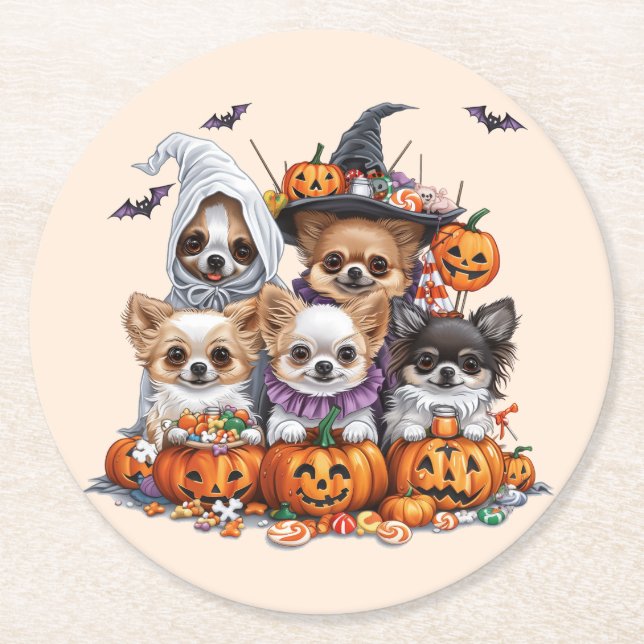 Porta-copo De Papel Redondo Halloween Chihuahua Dogs (Frente)