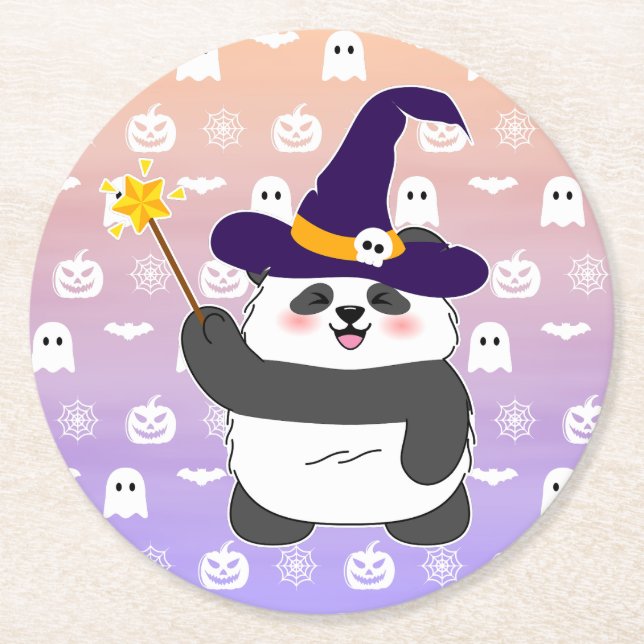 Porta-copo De Papel Redondo Halloween Cute Baby Panda Witic Wand (Frente)