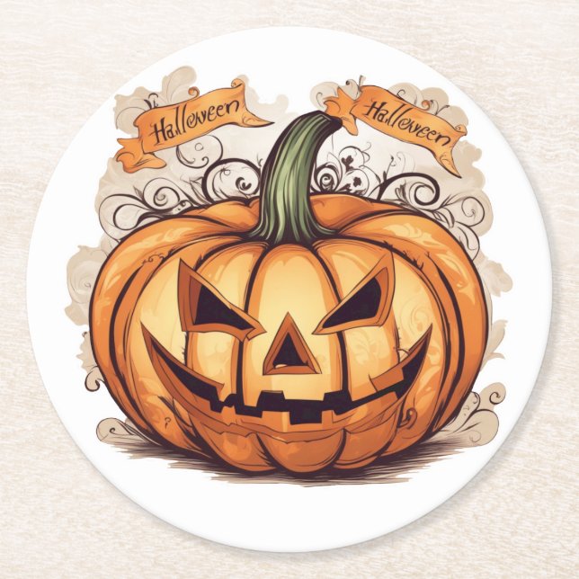 Porta-copo De Papel Redondo Halloween: Großer Kürbis -  (Frente)