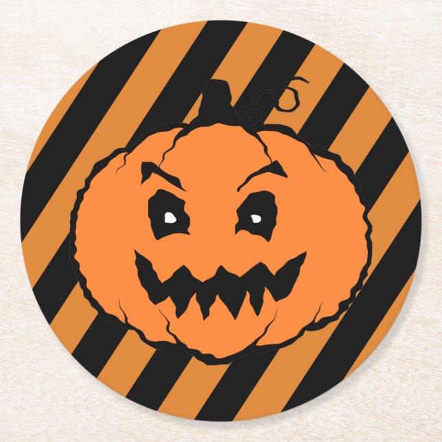 Porta-copo De Papel Redondo Halloween Horror Pumpkin Black Stripes (Frente)