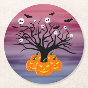 Porta-copo De Papel Redondo Halloween Pumpkin Jack o’ Lanterna Árvore Morto