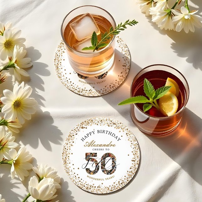 Porta-copo De Papel Redondo  Happy Birthday Cheers To 50 Years Photo Collage (Happy Birthday Cheers To 50 Years Photo Collage Round Paper Coaster)