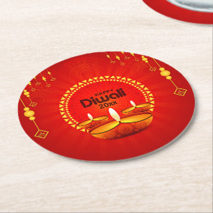 Porta-copo De Papel Redondo Happy Diwali 20xx Adicionar ano ou texto amarelo v