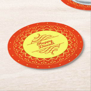 Porta-copo De Papel Redondo Happy Diwali Orange Cream Mandala Modern