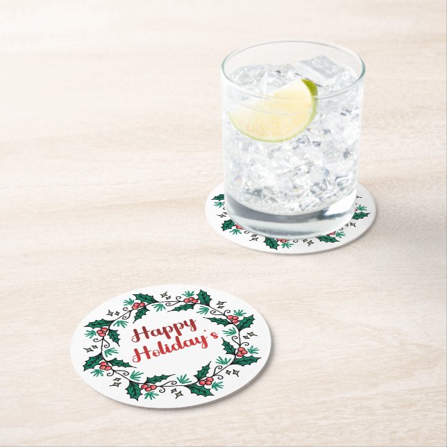 Porta-copo De Papel Redondo Happy Holiday's Wreath Paper Coaster (Insitu)