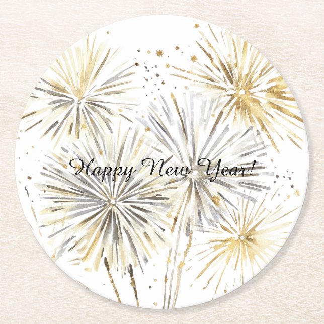 Porta-copo De Papel Redondo Happy New Year Gold Silver Fireworks (Frente)