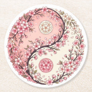 Porta-copo De Papel Redondo Harmonia Yin Yang da Flor de Cerejeira Rosa