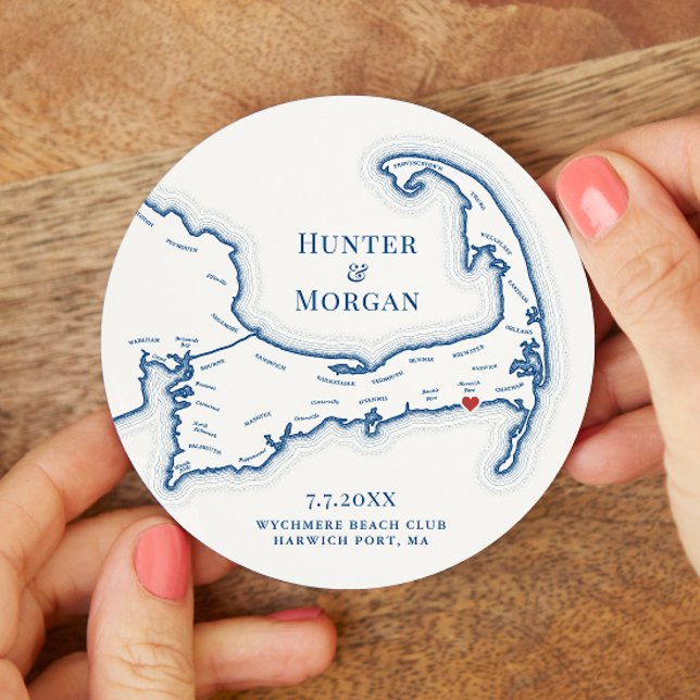 Porta-copo De Papel Redondo Harwich Port MÃE Wychmere Beach Club Wedding (Wychmere Beach Club Wedding Drink Coaster with Elegant Navy Blue Map from Coastal Map Designs)