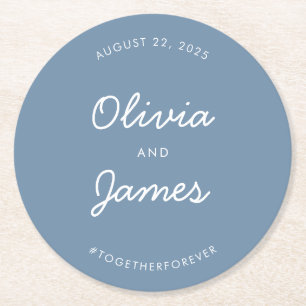 Porta-copo De Papel Redondo Hashtag de Casamento Azul Dusty com Script Elegant