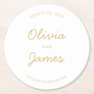 Porta-copo De Papel Redondo Hashtag Personalizada de Casamento Dourado de Scri