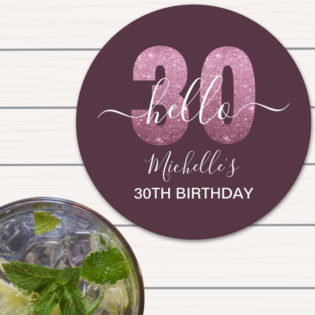Porta-copo De Papel Redondo Hello 30! Fun 30th birthday Pink glitter (Criador carregado)