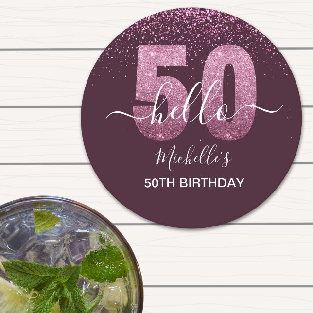 Porta-copo De Papel Redondo Hello 50! -50th Birthday with Pink glitter (Criador carregado)