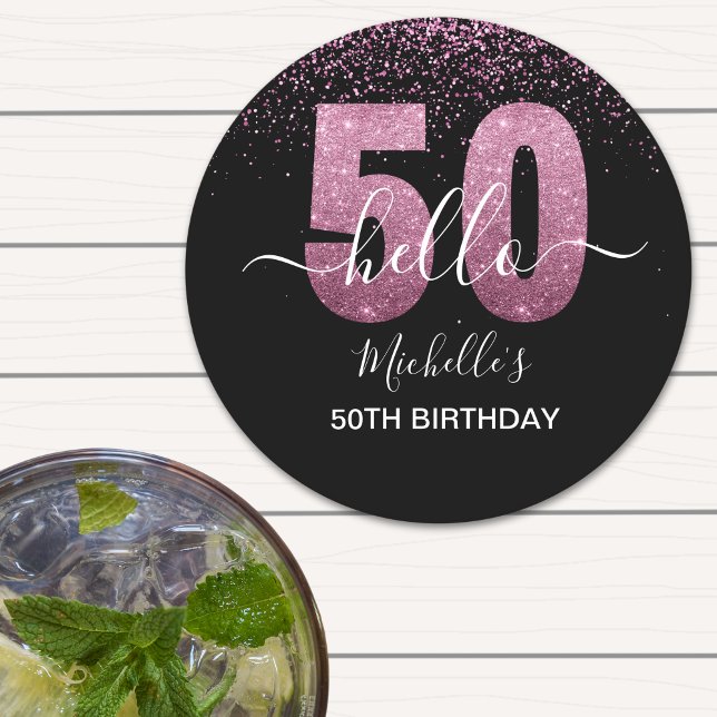 Porta-copo De Papel Redondo Hello 50! -50th Birthday with Pink glitter (Criador carregado)
