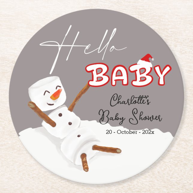 Porta-copo De Papel Redondo Hello Baby Cute Snowman Baby Shower Paper Coaster (Frente)