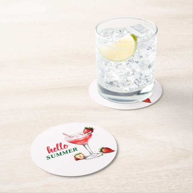 Porta-copo De Papel Redondo Hello Summer | Strawberry Cocktail Paper Coaster (Insitu)