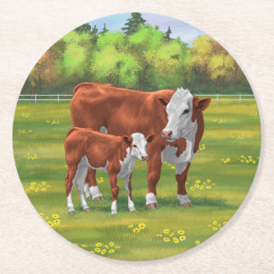 Porta-copo De Papel Redondo Hereford Cow & Cute Calf na Pastagem de Verão