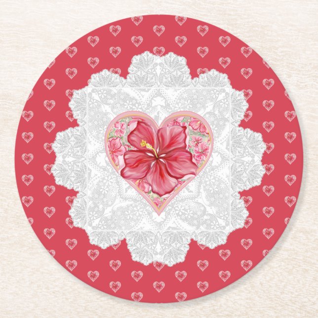 Porta-copo De Papel Redondo Hibiscus e rendas RED (Frente)