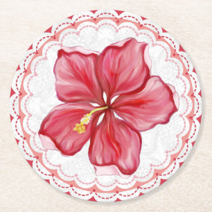 Porta-copo De Papel Redondo Hibiscus e rendas RED