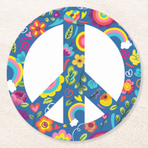 Porta-copo De Papel Redondo Hippy 60s Boho Peace Sign