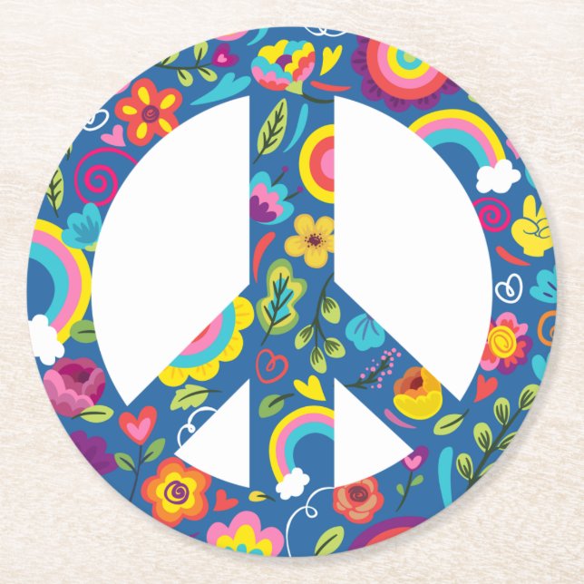 Porta-copo De Papel Redondo Hippy 60s Boho Peace Sign (Frente)