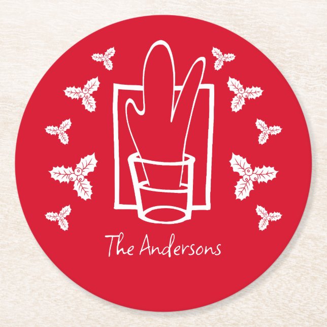 Porta-copo De Papel Redondo Holly de Natal e um Vidro Espumante (Frente)