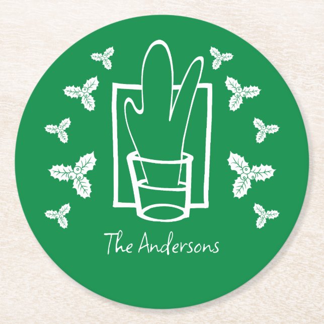 Porta-copo De Papel Redondo Holly de Natal e um Vidro Espumante (Frente)